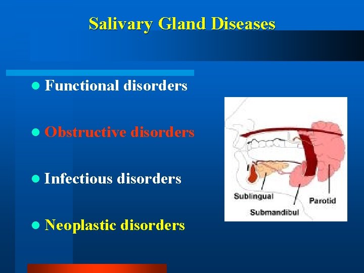Salivary Gland Diseases l Functional disorders l Obstructive disorders l Infectious disorders l Neoplastic