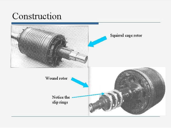 Construction Squirrel cage rotor Wound rotor Notice the slip rings Construction Squirrel cage rotor Wound rotor Notice the slip rings