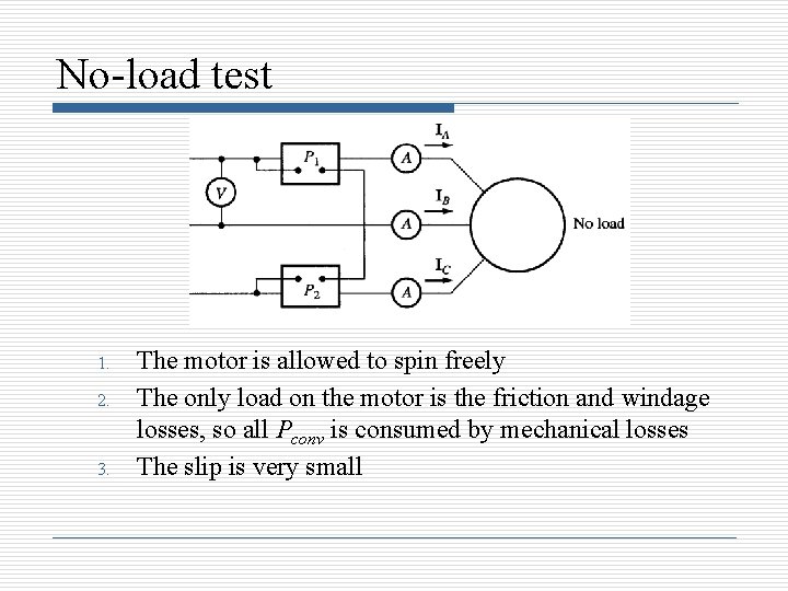 No-load test 1. 2. 3. The motor is allowed to spin freely The only