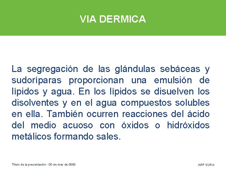 VIA DERMICA La segregación de las glándulas sebáceas y sudoríparas proporcionan una emulsión de