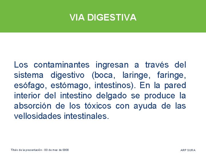 VIA DIGESTIVA Los contaminantes ingresan a través del sistema digestivo (boca, laringe, faringe, esófago,