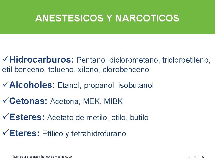 ANESTESICOS Y NARCOTICOS üHidrocarburos: Pentano, diclorometano, tricloroetileno, etil benceno, tolueno, xileno, clorobenceno üAlcoholes: Etanol,