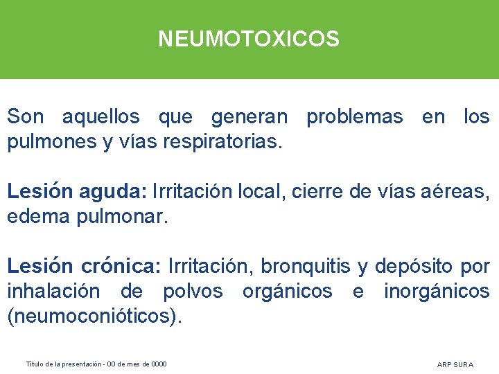 NEUMOTOXICOS Son aquellos que generan problemas en los pulmones y vías respiratorias. Lesión aguda: