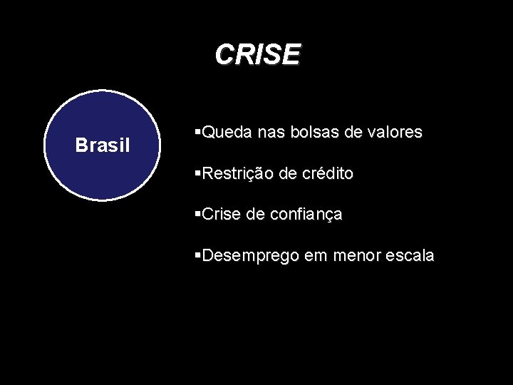 CRISE Brasil §Queda nas bolsas de valores §Restrição de crédito §Crise de confiança §Desemprego