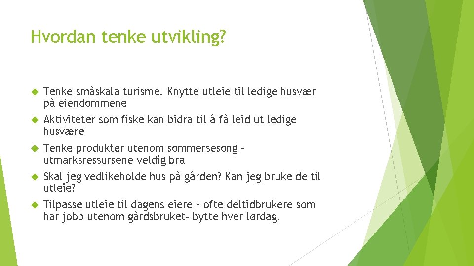 Hvordan tenke utvikling? Tenke småskala turisme. Knytte utleie til ledige husvær på eiendommene Aktiviteter