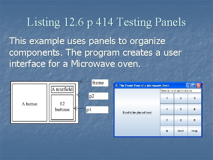 Listing 12. 6 p 414 Testing Panels This example uses panels to organize components.