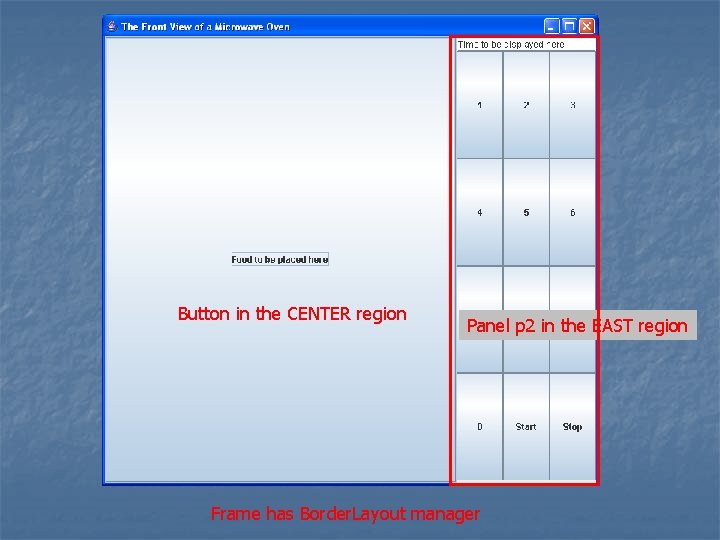 Button in the CENTER region Panel p 2 in the EAST region Frame has