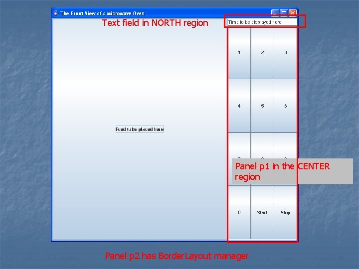 Text field in NORTH region Panel p 1 in the CENTER region Panel p