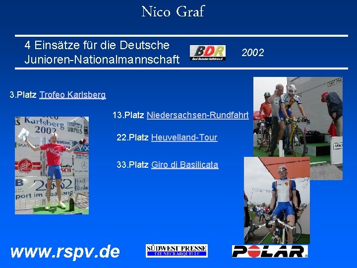 Nico Graf 4 Einsätze für die Deutsche Junioren-Nationalmannschaft 2002 3. Platz Trofeo Karlsberg 13. Nico Graf 4 Einsätze für die Deutsche Junioren-Nationalmannschaft 2002 3. Platz Trofeo Karlsberg 13.
