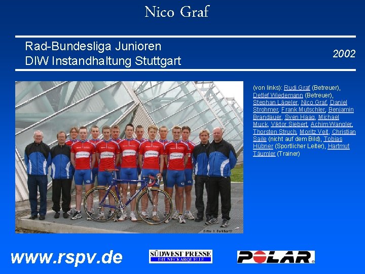 Nico Graf Rad-Bundesliga Junioren DIW Instandhaltung Stuttgart 2002 (von links): Rudi Graf (Betreuer), Detlef Nico Graf Rad-Bundesliga Junioren DIW Instandhaltung Stuttgart 2002 (von links): Rudi Graf (Betreuer), Detlef
