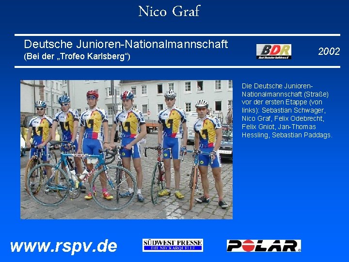 Nico Graf Deutsche Junioren-Nationalmannschaft (Bei der „Trofeo Karlsberg“) 2002 Die Deutsche Junioren. Nationalmannschaft (Straße) Nico Graf Deutsche Junioren-Nationalmannschaft (Bei der „Trofeo Karlsberg“) 2002 Die Deutsche Junioren. Nationalmannschaft (Straße)