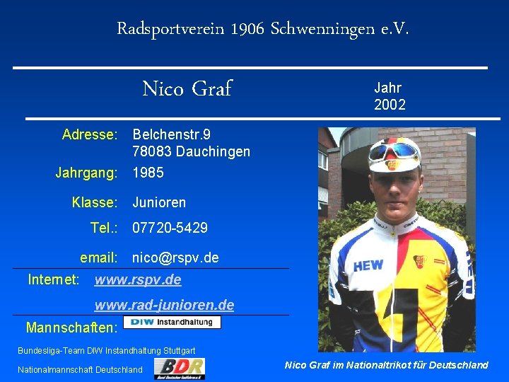 Radsportverein 1906 Schwenningen e. V. Nico Graf Adresse: Jahrgang: Klasse: Tel. : email: Internet: Radsportverein 1906 Schwenningen e. V. Nico Graf Adresse: Jahrgang: Klasse: Tel. : email: Internet: