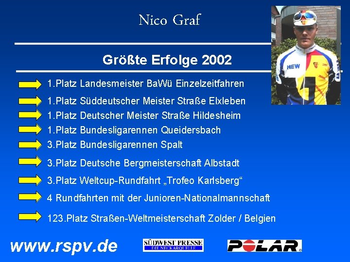 Nico Graf Größte Erfolge 2002 1. Platz Landesmeister Ba. Wü Einzelzeitfahren 1. Platz Süddeutscher Nico Graf Größte Erfolge 2002 1. Platz Landesmeister Ba. Wü Einzelzeitfahren 1. Platz Süddeutscher