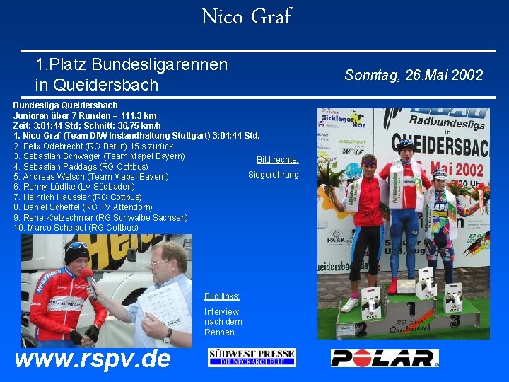 Nico Graf 1. Platz Bundesligarennen in Queidersbach Bundesliga Queidersbach Junioren über 7 Runden = Nico Graf 1. Platz Bundesligarennen in Queidersbach Bundesliga Queidersbach Junioren über 7 Runden =