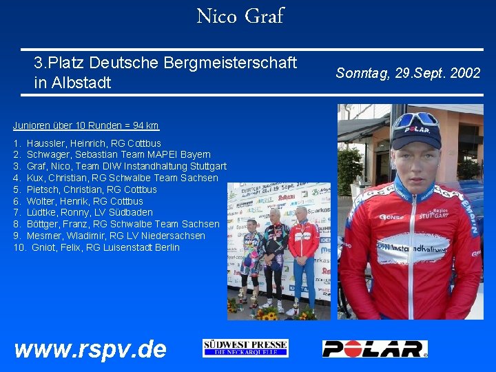 Nico Graf 3. Platz Deutsche Bergmeisterschaft in Albstadt Junioren über 10 Runden = 94 Nico Graf 3. Platz Deutsche Bergmeisterschaft in Albstadt Junioren über 10 Runden = 94