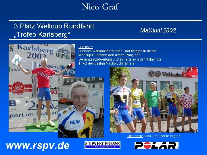 Nico Graf 3. Platz Weltcup Rundfahrt „Trofeo Karlsberg“ Mai/Juni 2002 Bild links: Junioren-Nationalfahrer Nico Nico Graf 3. Platz Weltcup Rundfahrt „Trofeo Karlsberg“ Mai/Juni 2002 Bild links: Junioren-Nationalfahrer Nico