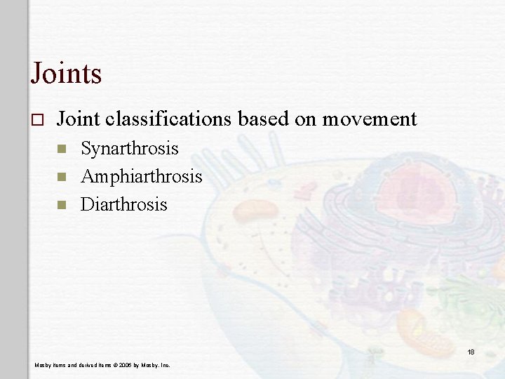 Joints o Joint classifications based on movement n n n Synarthrosis Amphiarthrosis Diarthrosis 18