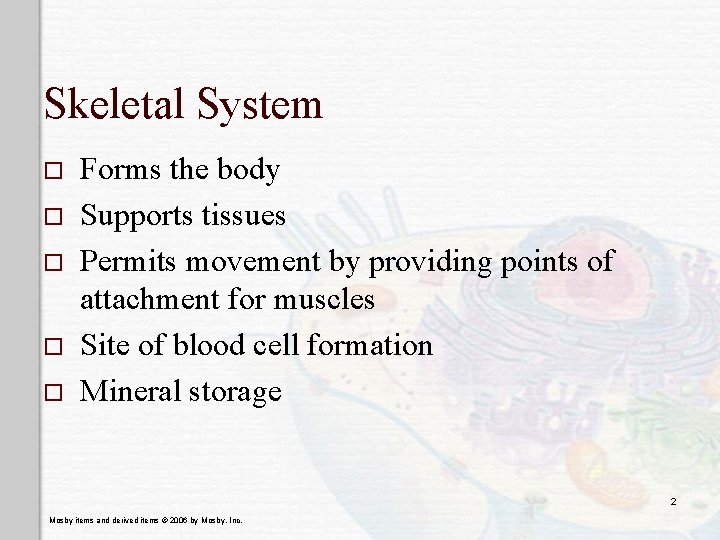 Skeletal System o o o Forms the body Supports tissues Permits movement by providing