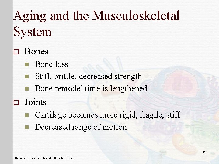 Aging and the Musculoskeletal System o Bones n n n o Bone loss Stiff,