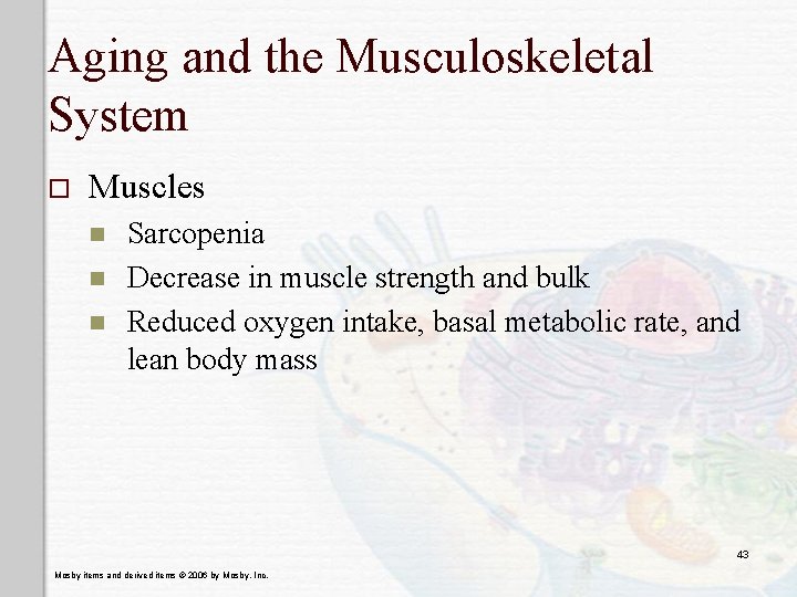 Aging and the Musculoskeletal System o Muscles n n n Sarcopenia Decrease in muscle