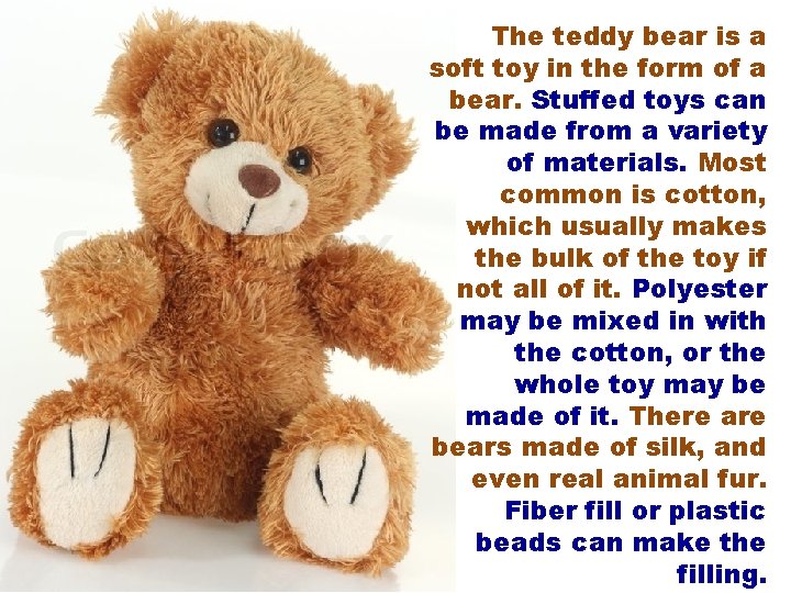 The teddy bear is a soft toy in the form of a bear. Stuffed