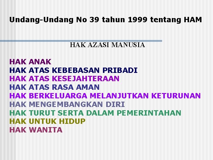 Undang-Undang No 39 tahun 1999 tentang HAM HAK AZASI MANUSIA HAK ANAK HAK ATAS