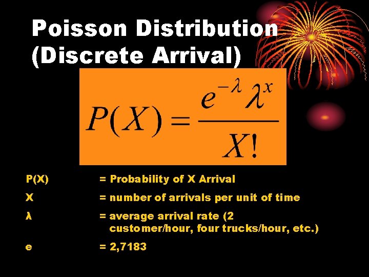 Poisson Distribution (Discrete Arrival) P(X) = Probability of X Arrival X = number of