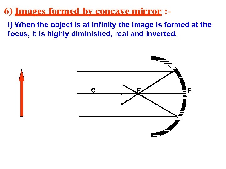 6) Images formed by concave mirror : i) When the object is at infinity