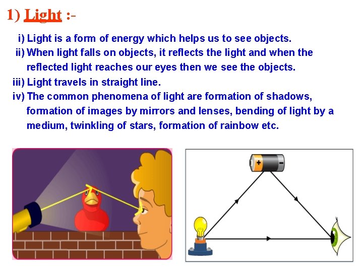 1) Light : i) Light is a form of energy which helps us to