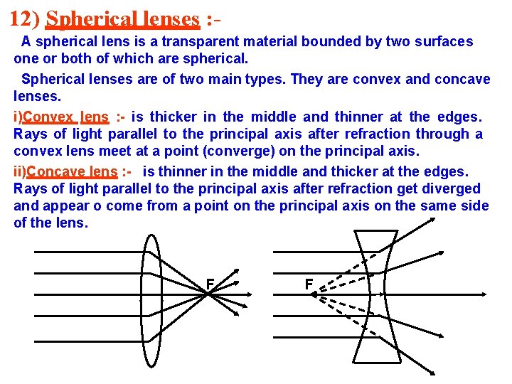12) Spherical lenses : A spherical lens is a transparent material bounded by two