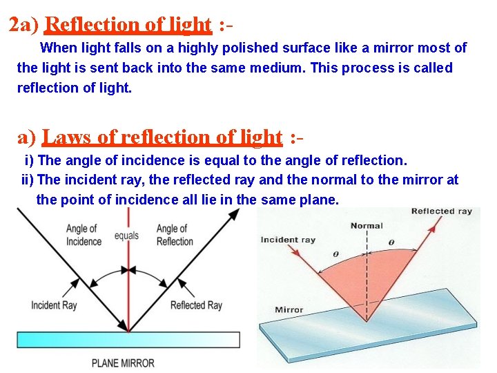 2 a) Reflection of light : When light falls on a highly polished surface