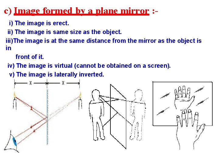 c) Image formed by a plane mirror : i) The image is erect. ii)