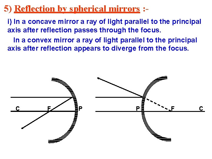 5) Reflection by spherical mirrors : i) In a concave mirror a ray of