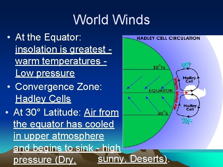 World Winds • At the Equator: insolation is greatest - warm temperatures - Low