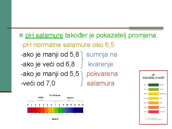 n p. H salamure također je pokazatelj promjena: -p. H normalne salamure oko 6,