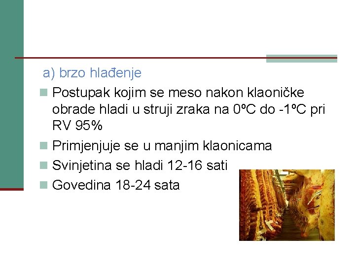 a) brzo hlađenje n Postupak kojim se meso nakon klaoničke obrade hladi u struji