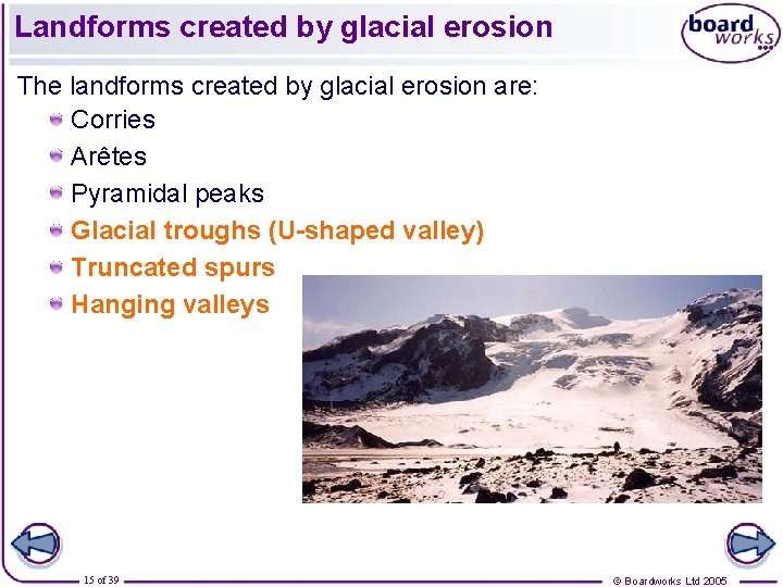 Landforms created by glacial erosion The landforms created by glacial erosion are: Corries Arêtes