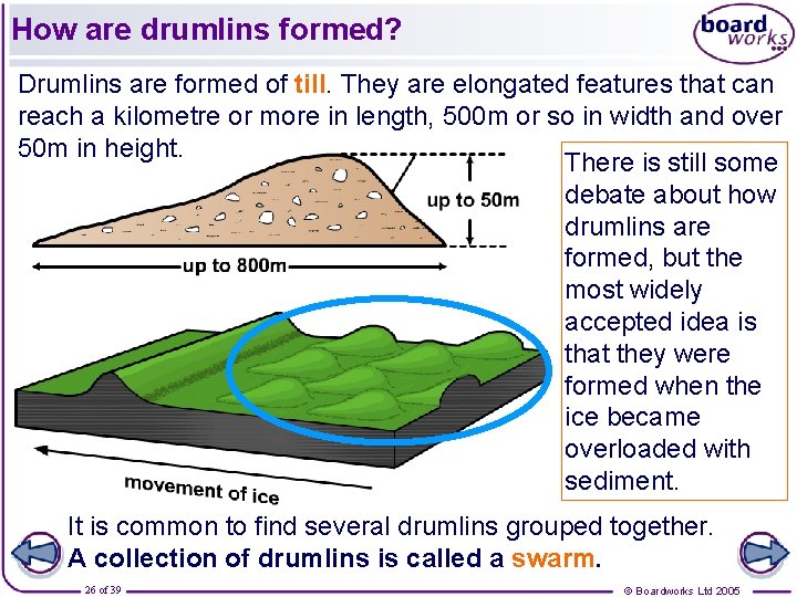 How are drumlins formed? Drumlins are formed of till. They are elongated features that