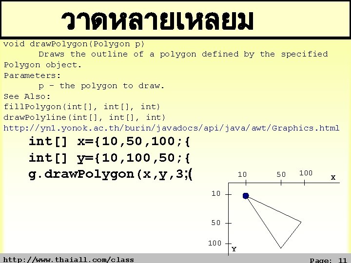 วาดหลายเหลยม void draw. Polygon(Polygon p) Draws the outline of a polygon defined by the