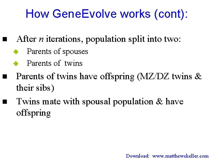 How Gene. Evolve works (cont): n After n iterations, population split into two: u