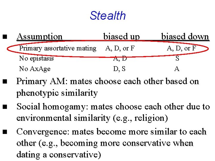 Stealth n Assumption Primary assortative mating No epistasis No Ax. Age n n n
