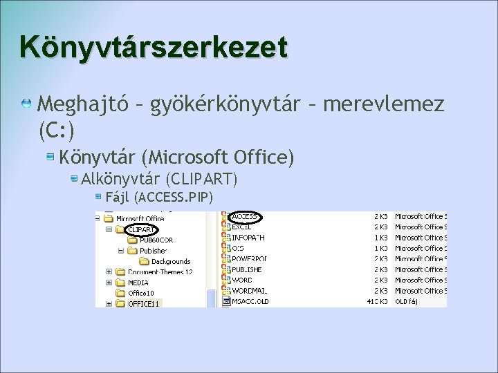 Könyvtárszerkezet Meghajtó – gyökérkönyvtár – merevlemez (C: ) Könyvtár (Microsoft Office) Alkönyvtár (CLIPART) Fájl