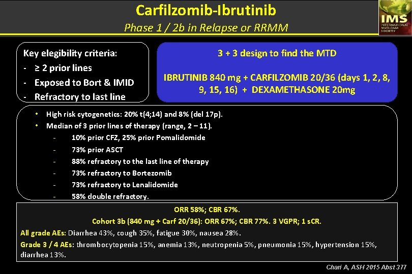Carfilzomib-Ibrutinib Phase 1 / 2 b in Relapse or RRMM Key elegibility criteria: -