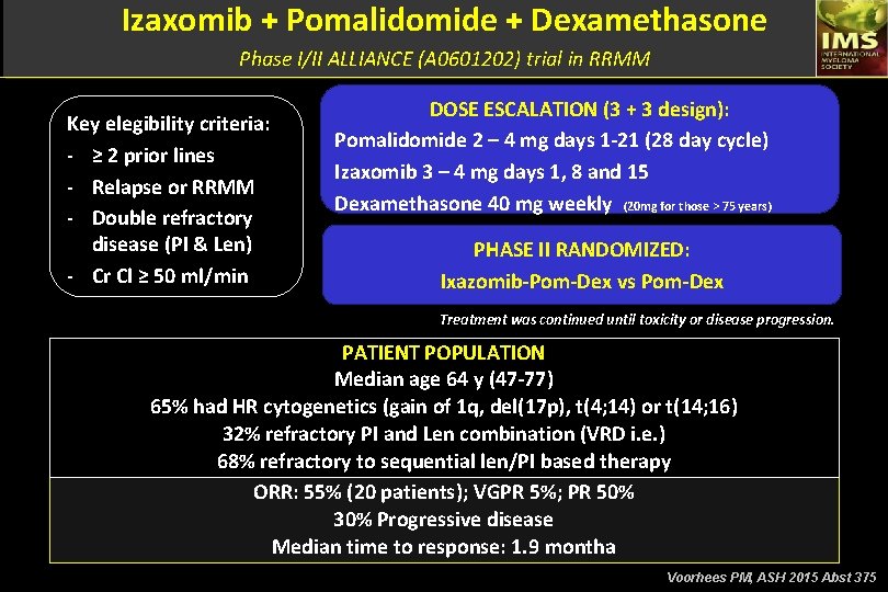 Izaxomib + Pomalidomide + Dexamethasone Phase I/II ALLIANCE (A 0601202) trial in RRMM Key