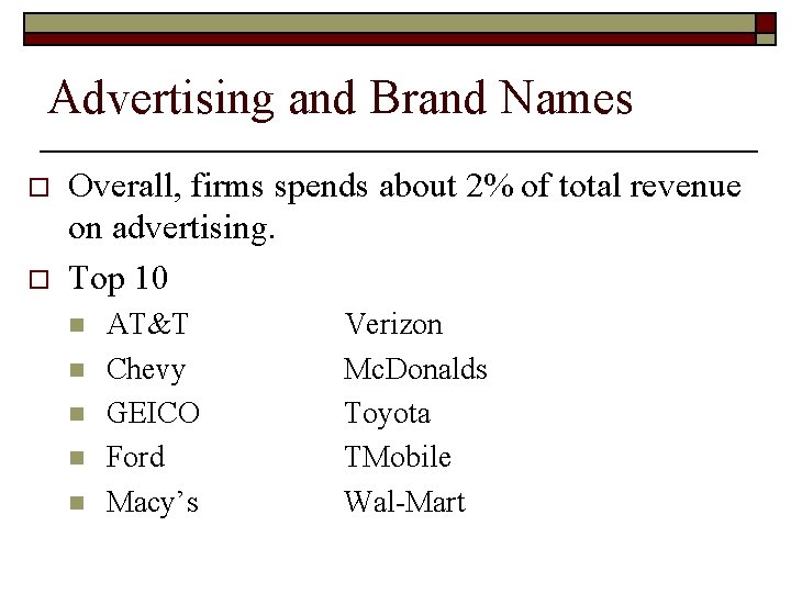 Advertising and Brand Names o o Overall, firms spends about 2% of total revenue