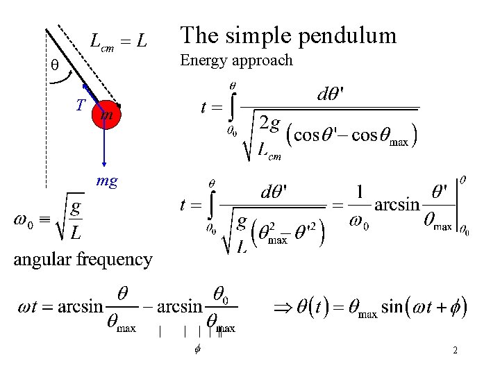 The simple pendulum Energy approach q T m mg 2 