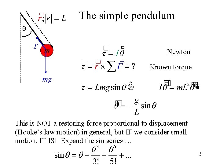 The simple pendulum q T m Newton Known torque mg This is NOT a