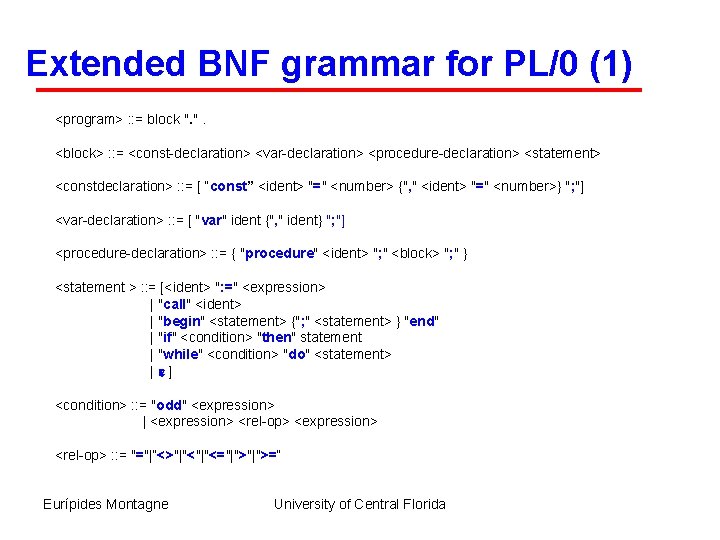 Extended BNF grammar for PL/0 (1) <program> : : = block ". ". <block>