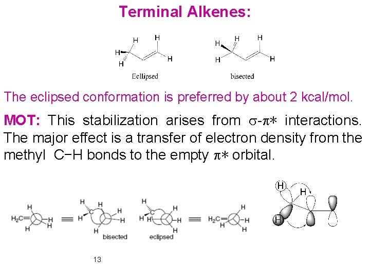 Terminal Alkenes: The eclipsed conformation is preferred by about 2 kcal/mol. MOT: This stabilization