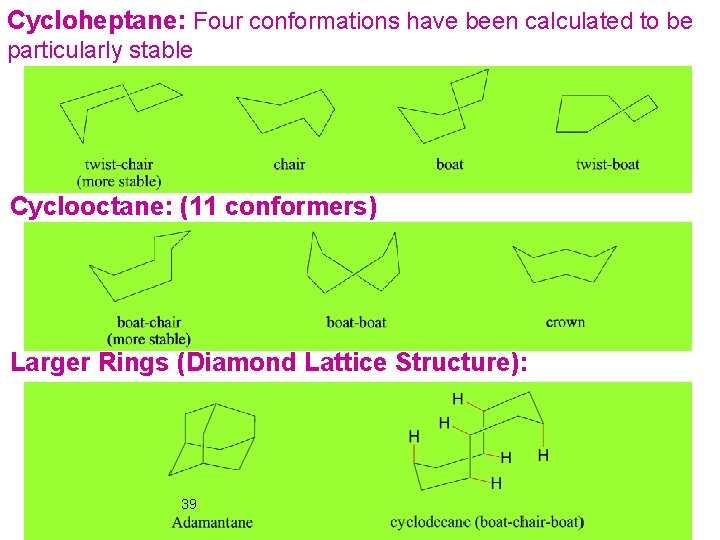 Cycloheptane: Four conformations have been calculated to be particularly stable Cyclooctane: (11 conformers) Larger